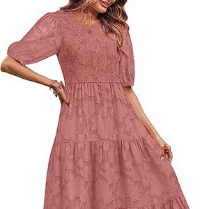 Women's Puff Sleeve Smocked Floral Dress Crewneck Lace Floral Dress Tiered M